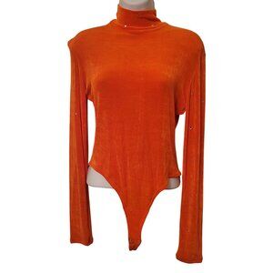 Vintage Isabel Orange Bodysuit Rhinestone M Liquid Knit‎ Stretch Mock Turtleneck